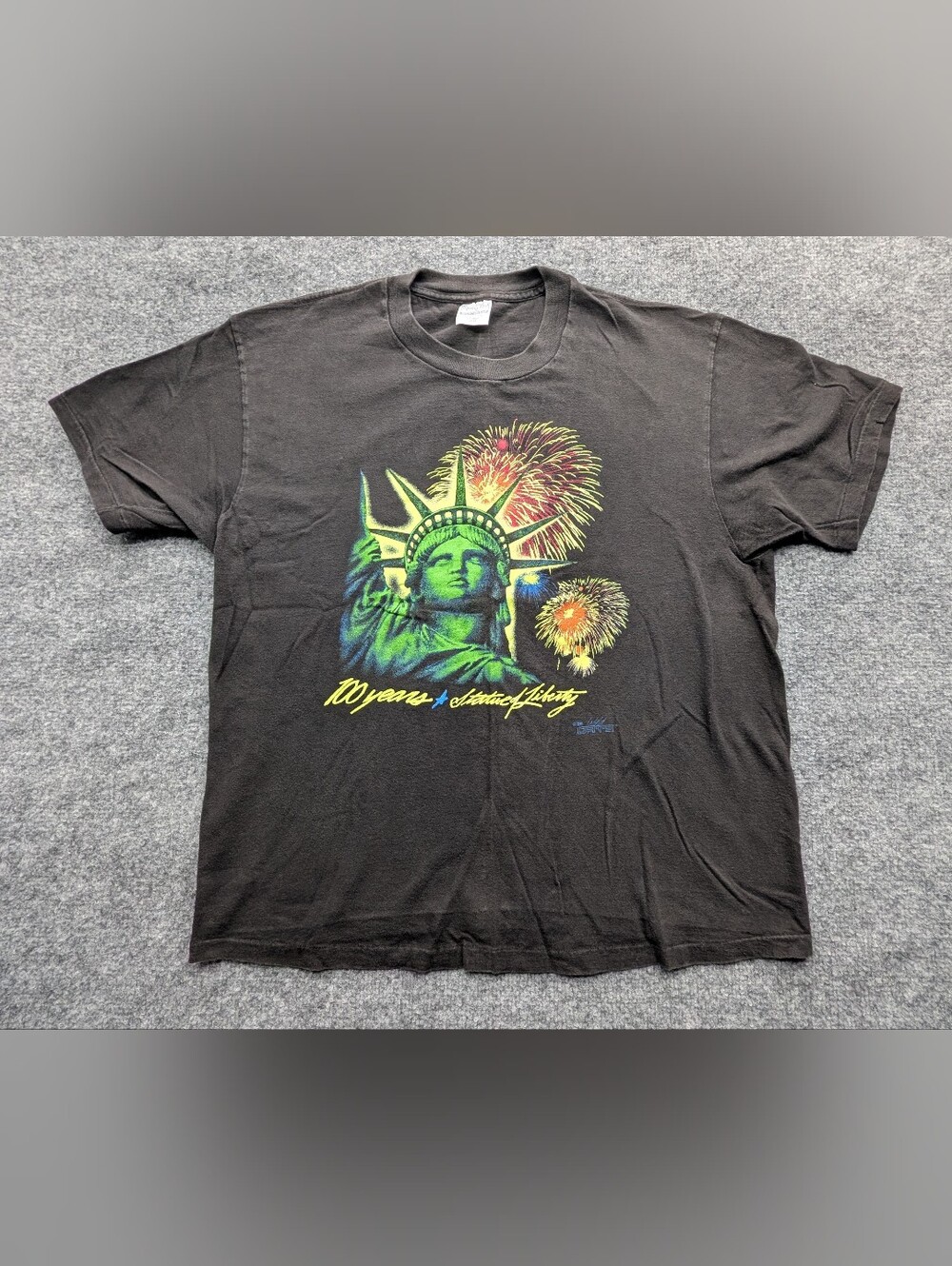 Spring Ford Statue of Liberty 100 Years Fireworks Men's Black XL T-Shirt Vtg